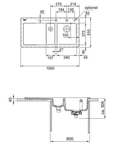 Franke MTK 651-100 fraceram plautuvė su 2x35mm išgręžtom skylėm