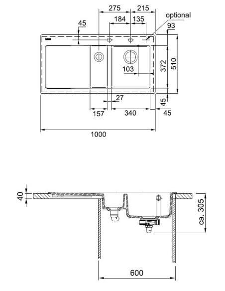 Franke MTK 651-100 fraceram plautuvė su 2x35mm išgręžtom skylėm