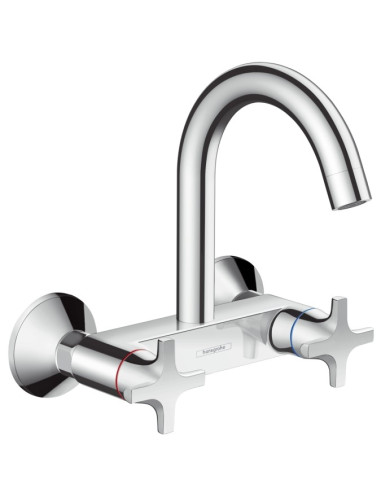 Plautuvės maišytuvas Hansgrohe Logis montuojamas į sieną dviejų rankenėlių lenktu snapu chromas