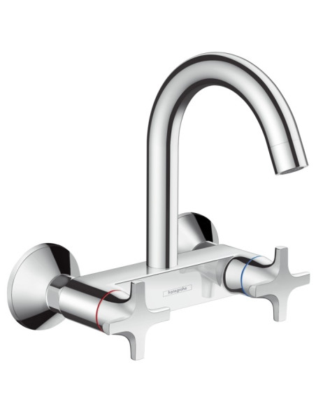 Plautuvės maišytuvas Hansgrohe Logis montuojamas į sieną dviejų rankenėlių lenktu snapu chromas