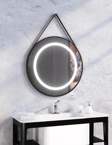 Apvalus veidrodis STILO su juodais rėmais, juodu odiniu diržu, LED apšvietimu