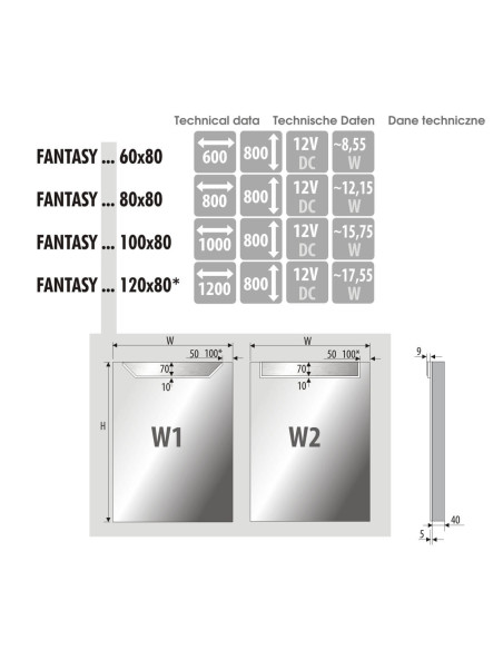 Keturkampis veidrodis FANTASY su LED apšvietimu