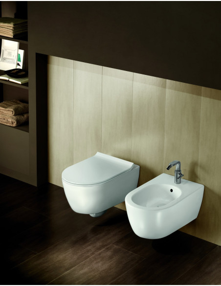 Pakabinamo WC komplektas - Tece 4in1 rėmas + unitazas Hatria FUSION PURE RIM RIMLESS 355x540 su SLIM plonu soft close dangčiu