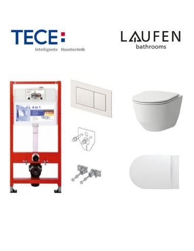 Pakabinamo WC komplektas - Tece 4in1 rėmas + unitazas Laufen Pro New Rimless su SoftClose plonu dangčiu