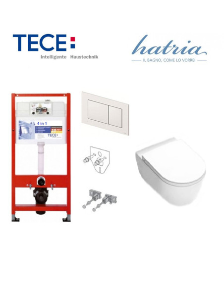 Pakabinamo WC komplektas - Tece 4in1 rėmas + unitazas Hatria FUSION PURE RIM RIMLESS 355x540 su SLIM plonu soft close dangčiu