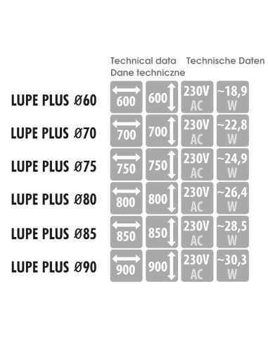Apvalus veidrodis LUPE PLUS su juodais rėmais, LED apšvietimu
