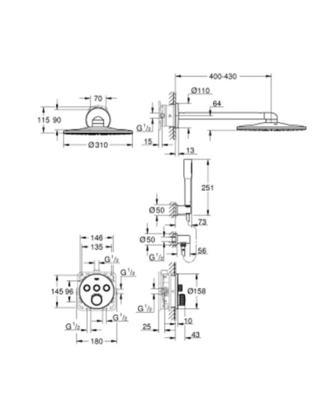 Potinkinis termostatinis komplektas: Grohe SmartControl Ø310, su p.d.