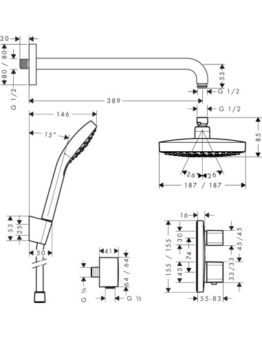 Potinkinis termostatinis dušo komplektas Hansgrohe Croma Select E (187), su p.d.