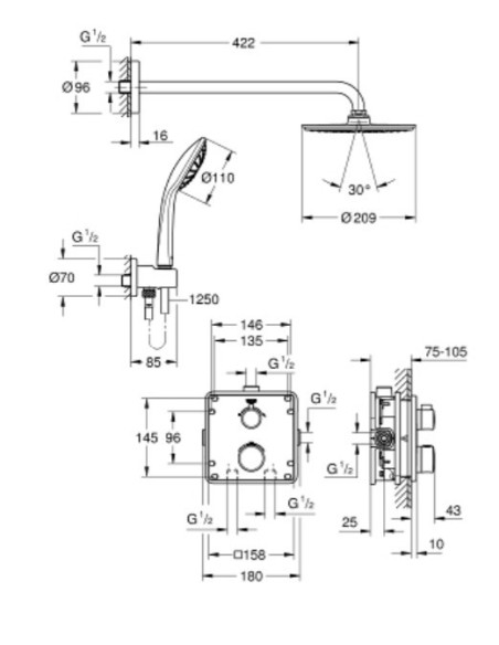 Potinkinis termostatinis komplektas Grohe Grohetherm Perfect/Rainshower Cosmopolitan Ø210, su p.d.