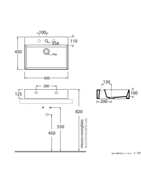 Praustuvas Elegance Squared 600x450 su skyle maišytuvui