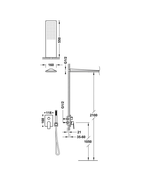 Potinkinė dušo sistema PROJECT-TRES su 160x550 mm lietaus galva, rankiniu dušeliu - lazdele, su p.d.