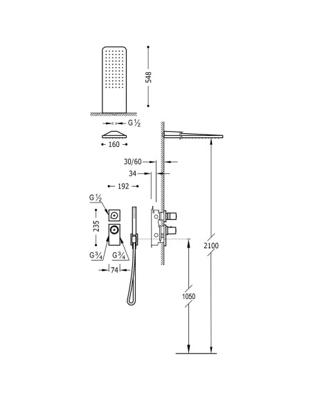 Potinkinė termostatinė dušo sistema PROJECT 160x550 mm su rankiniu dušeliu - lazdele, su p.d.