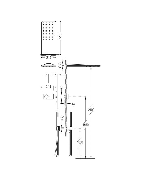 Potinkinė elekroninė-termostatinė dušo sistema STUDY EXCLUSIVE 210x550 mm su elektoriniu valdymu,su dušeliu, su p.d.