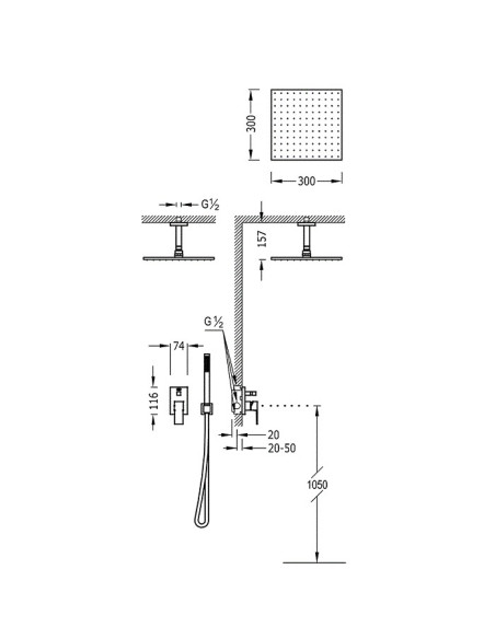 Potinkinis maišytuvas dušui CUADRO su kvadratine dušo galva 300x300 mm iš lubų, su dušeliu - lazdele, su p.d.