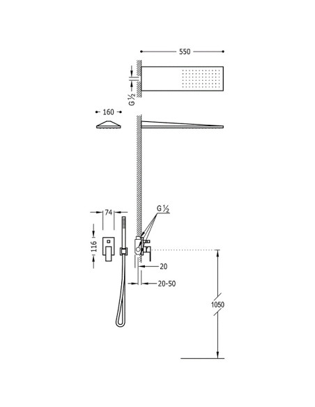 Potinkinis maišytuvas dušui CUADRO su kvadratine dušo galva 160x550 mm, su dušeliu - lazdele, su p.d.
