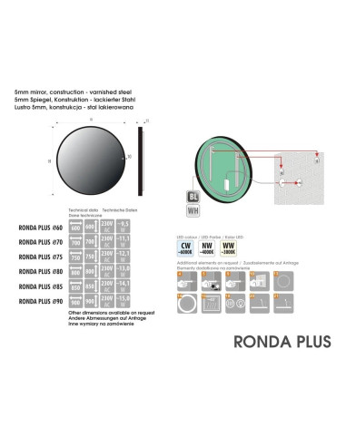 Apvalus veidrodis RONDA PLUS juodais rėmais ir LED apšvietimu