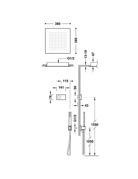 Potinkinė dušo sistema SHOWER TECHNOLOGY su sensoriniu valdymu, dušo galva iš lubų 380x380 mm ir rankiniu dušu