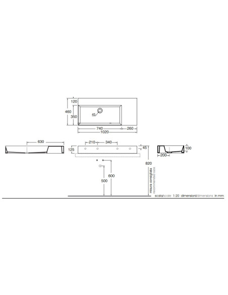 Praustuvas Azzurra Elegance Squared 1020x460 be angos maišytuvui, dubuo kairėje