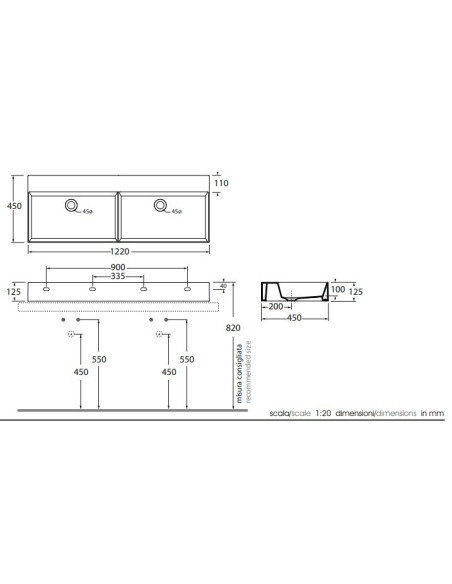 Praustuvas dvigubas Azzurra Elegance Squared 1220x450 be angos maišytuvui