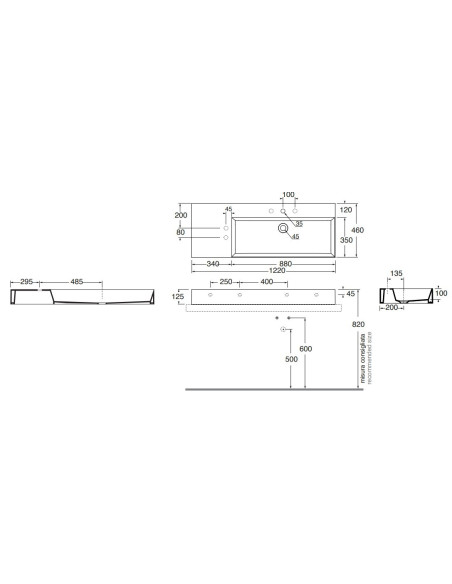 Praustuvas Azzurra Elegance Squared 1220x460 su anga maišytuvui, dubuo dešinėje