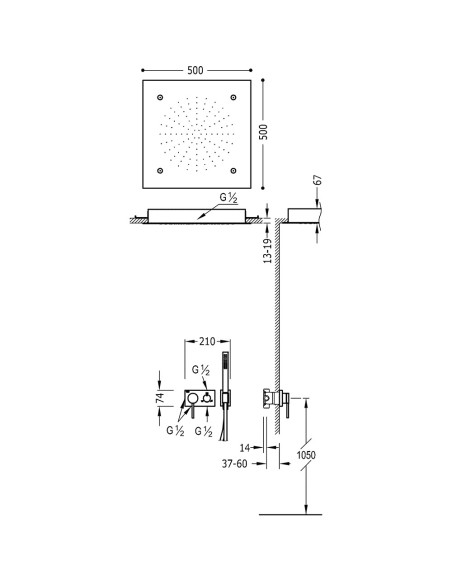 Potinkinė dušo sistema 3V trijų kanalų su kvadratine dušo galva 500x500 iš lubų ir dušeliu - lazdele, su p.d.