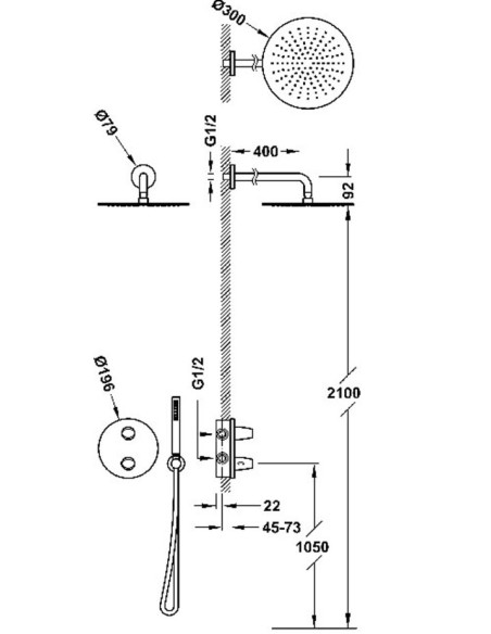 Termostatinė potinkinė dušo sistema FUJI su Ø 300 mm lietaus galva iš sienos