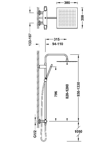 Virštinkinė termostatinė dušo sistema FUJI su Ø 300 mm lietaus galva