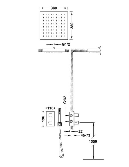 Termostatinė potinkinė dušo sistema su kvadratinė dušo galva iš lubų THERM-BOX