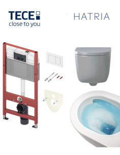 Pakabinamo WC komplektas - Tece 4in1 rėmas + unitazas Hatria FUTURA VORTEX su sūkurio nubėgimu + lėtai nusileidžiantis dangtis