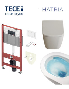 Pakabinamo WC komplektas - Tece 4in1 rėmas + unitazas Hatria TECNA VORTEX su sūkurio nubėgimu + lėtai nusileidžiantis dangtis