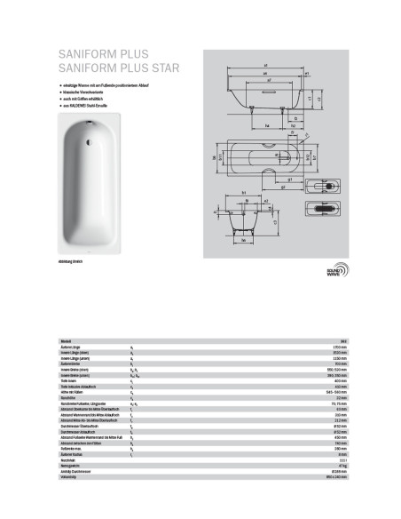 Plieninė vonia Kaldewei Saniform Plus 170x70, Easy Clean su pilna AntiSlip danga
