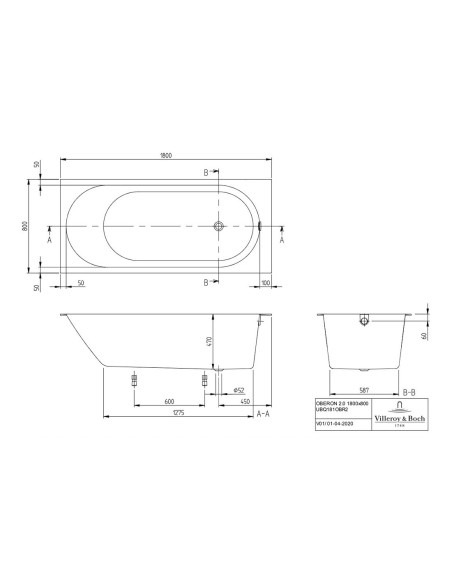 Stačiakampė vonia Villeroy & Boch Oberon 2.0 1800x800 su kojelėmis ir integruotu chrome/white sifonu