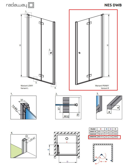Radaway Nes DWB dušo durys 90cm, dešininė