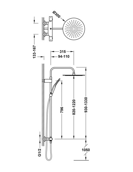 Virštinkinė termostatinė dušo sistema FUJI, dviejų padėčių, su Ø 300 mm lietaus galva
