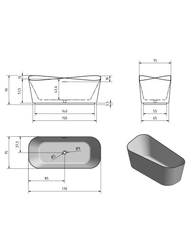 Akrilinė vonia Zenon Sottovento 170x75 laisvai pastatoma