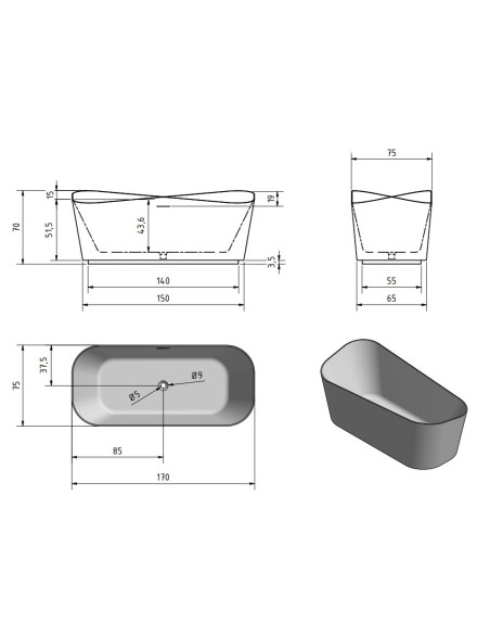 Akrilinė vonia Zenon Sottovento 170x75 laisvai pastatoma