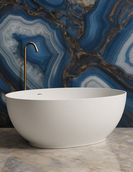 Solid Surface vonia VAYER AKSA 1600x800 H-606 click-clack baltu sifono dangteliu, integruotas persipylimas, balta matinė
