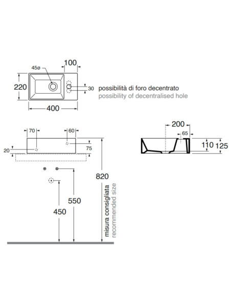 Pakabinamas praustuvas Elegance Squared 400x220 su anga maišytuvui