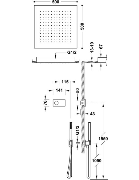 Potinkinė dušo sistema SHOWER TECHNOLOGY su sensoriniu valdymu, dušo galva iš lubų 500x500 mm ir rankiniu dušu