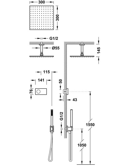 Potinkinė dušo sistema SHOWER TECHNOLOGY su sensoriniu valdymu, dušo galva iš lubu 300x300 mm ir rankiniu dušu
