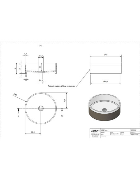 Pastatomas praustuvas Alice 450x450mm, h - 160mm su laminuota mediena išorėje su dugno vožtuvu