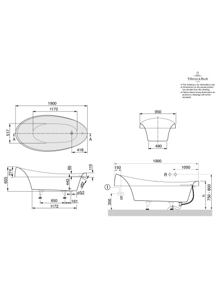 Įstatoma ovali vonia Villeroy & Boch Aveo 1900x950